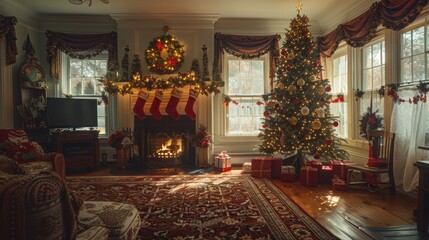 Cozy living room decorated for christmas with a fireplace and a christmas tree