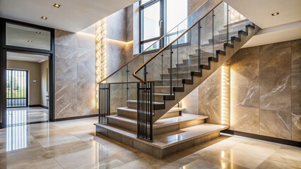 Fototapeta premium Luxury modern gray marble stone staircase with tempered glass panel and black steel handrail in beige wall living room, sunlight on granite floor, luxury, modern, gray marble, stone, stair