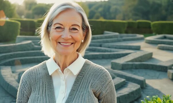 Medium shot portrait video of a pleased woman in her 50s that is wearing a chic cardigan against a zen rock garden with raked sand background