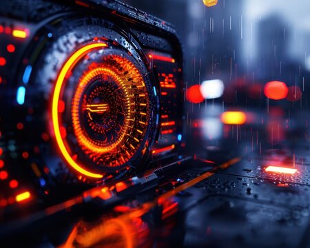 Alien technology displayed in a futuristic environment, highlighting advanced features, Scifi, Cool tones, Digital painting