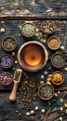 Aromatic tea ceremony set up on rustic wooden table