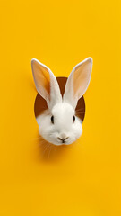 Obraz premium A rabbit's head is shown through a hole in a yellow background