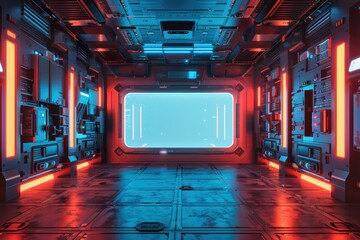 Futuristic tech lab with a blank holographic display showing a blue screen