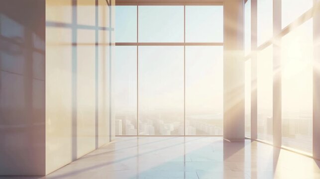 Blank wall in bright office mockup with large windows	