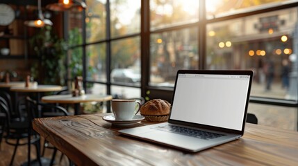 Laptop showing a blank screen sitting on a table in a coffee shop