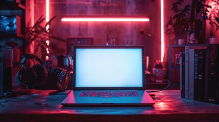 Laptop showing empty display in gaming room setup
