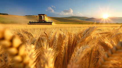 Obraz premium Golden Wheat Field Under a Clear Blue Sky with a Modern Combine