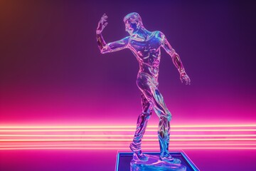 A man in a statue with neon colors surrounding him. The statue is of a man with his arms outstretched, as if he is reaching for something. The neon colors give the image a futuristic
