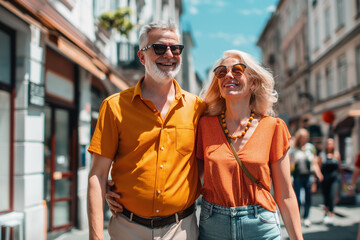 Smiling senior couple enjoying a walk on a sunny city street, dressed casually with sunglasses, embracing and laughing together.