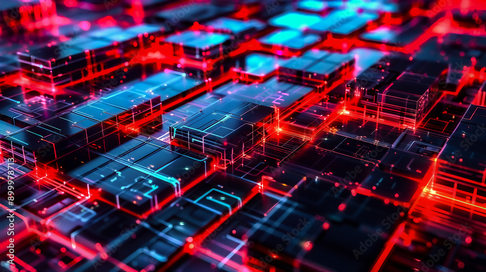 Canvas Prints vibrant digital abstract background with glowing blue and red circuits, representing technology, inn