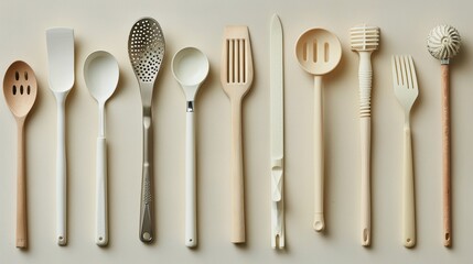 Modern kitchen utensils forming a straight line on beige background