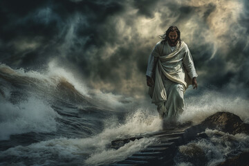 Obraz premium Dramatic depiction of Jesus walking on water during a storm, showcasing a biblical theme.