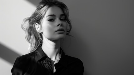Young woman posing in black and white with shadows © Maria Vitkovska