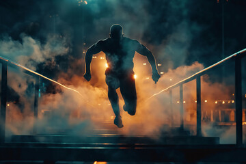 A powerful male athlete captured mid-leap over a hurdle in a dynamic race setting, showcasing strength and agility