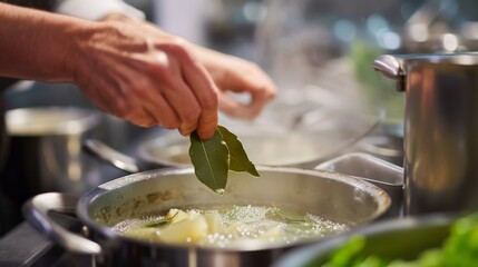 Close-up of hands adding fresh bay leaves to a boiling pot of vegetables, creating a nutritious and aromatic dish in a professional kitchen environment, with steam rising to enhance the sensory appeal