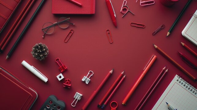 School supplies on burgundy table with desk flat lay