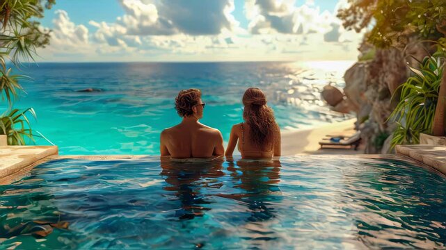 couple sitting on a tropical beach and watching the sea and blue sky