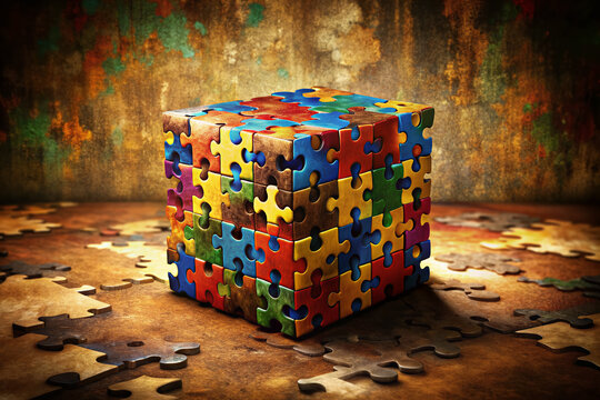A colorful puzzle cube sits atop a worn, textured grunge background, its solved sides reflecting subtle light, surrounded by scattered puzzle pieces and shadows.