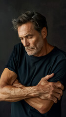Obraz premium A man with a beard and gray hair is wearing a black shirt and is looking down