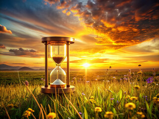 Golden hourglass standing upright in a serene open field, surrounded by tall grass and wildflowers, as the vibrant sunset sky casts a warm orange glow.