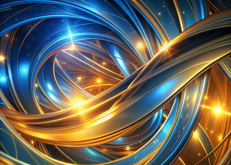 Vibrant 3D rendered abstract background featuring radiant blue and golden glow lines that swirl and intersect, evoking a sense of futuristic elegance and sophistication.