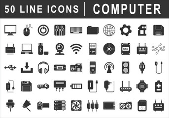 PC Hardware isolated icons set. Set of CPU, motherboard, video graphics card, RAM, HDD, SSD, PC case, wifi router, ethernet switch, desktop computer, mouse, keyboard, webcam outline vector icon