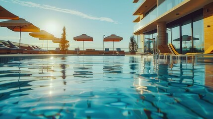 Luxurious swimming pool with sun loungers next to an elegant building on a warm, cloudless day, with palm trees and other exotic plants growing around