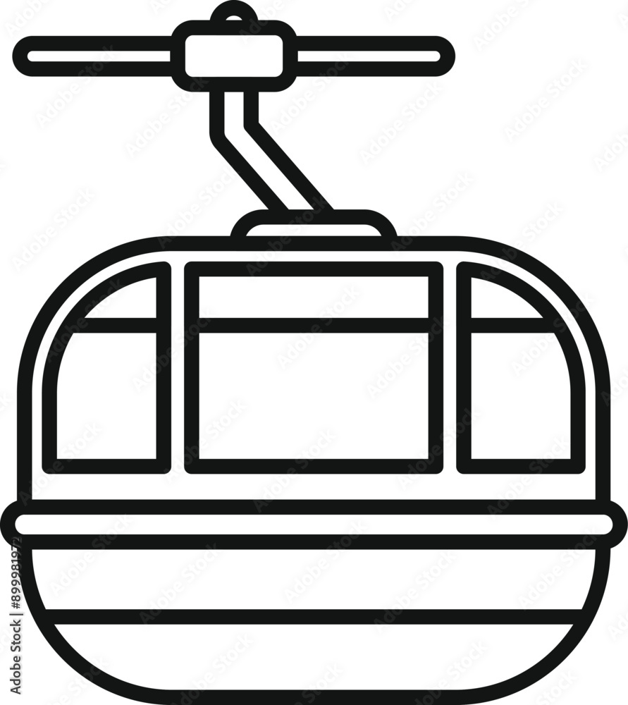 Sticker Black and white icon of a funicular cabin hanging on a ropeway, moving upwards