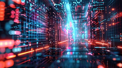 dynamic light effects and geometric patterns, illustrating digital evolution