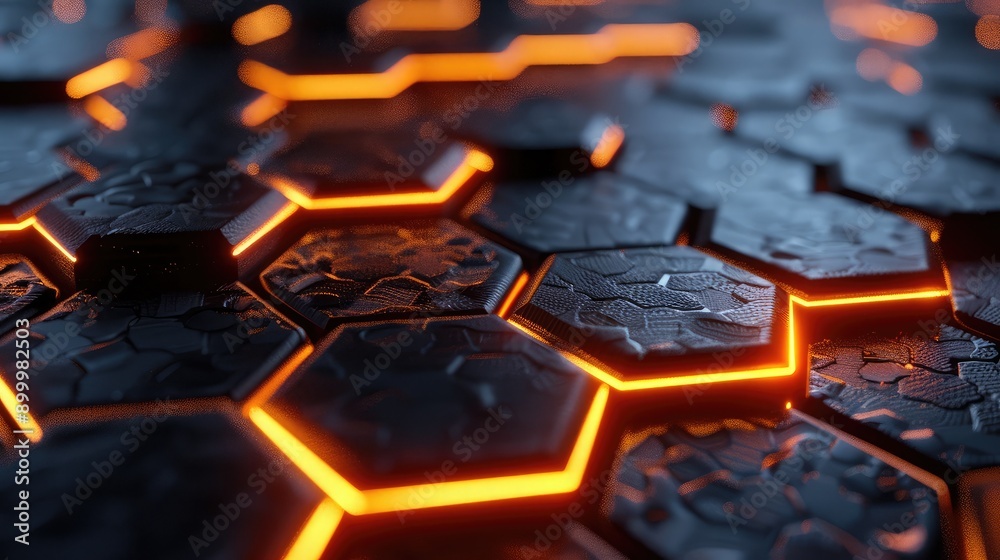 Poster futuristic 3d hexagons with glowing edges, creating a high-tech visual effect.