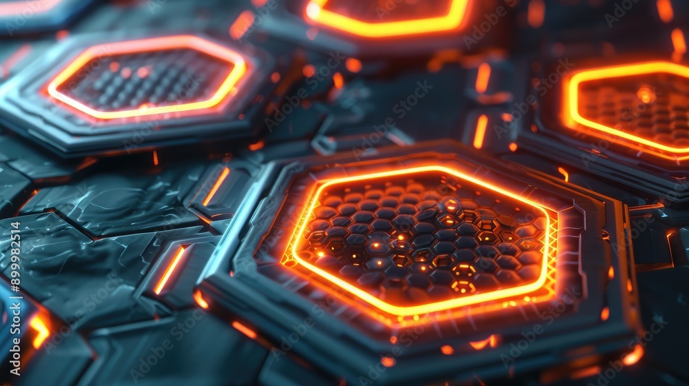 Poster futuristic 3d hexagons with glowing edges, creating a high-tech visual effect.