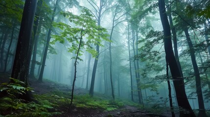 Obraz premium Mysterious scene of foggy forest in early morning.