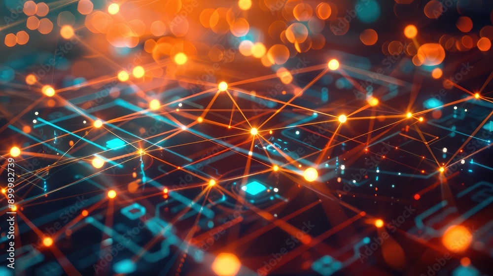 Poster futuristic network technology background with glowing lines and data nodes, illustrating digital com