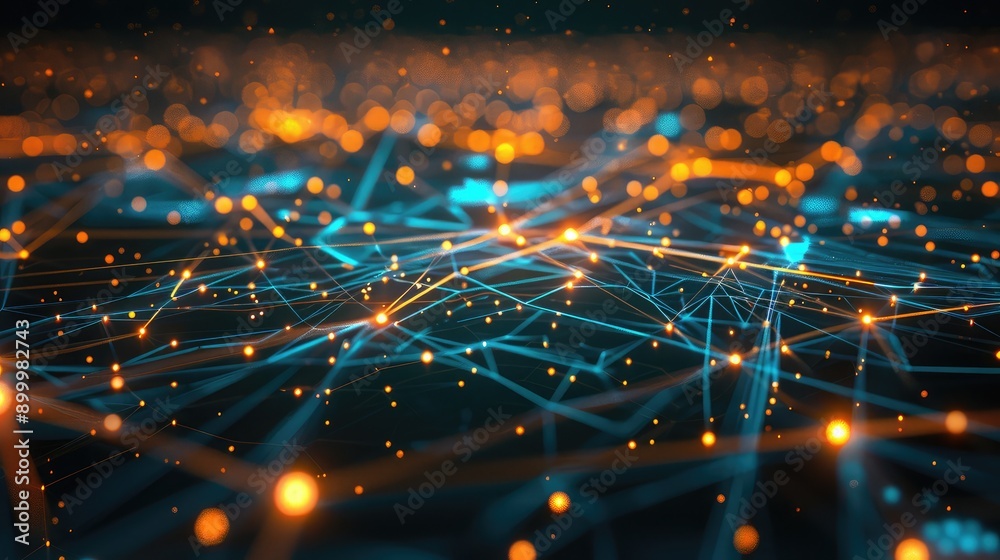 Poster futuristic network technology background with glowing lines and data nodes, illustrating digital com