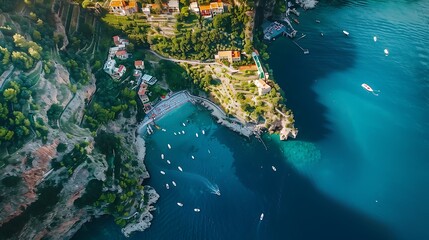 Aerial view of a beautiful, secluded cove with turquoise waters.
