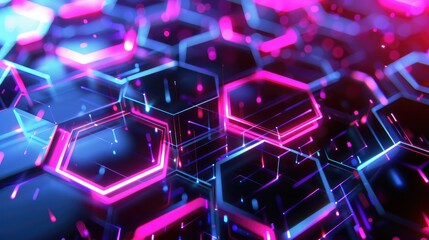 Fototapeta premium Geometric 3D background with overlapping hexagons and neon light effects, creating a futuristic look.