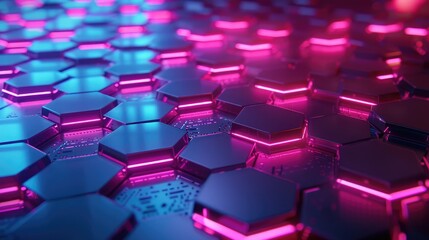 Obraz premium Geometric 3D background with overlapping hexagons and neon light effects, creating a futuristic look