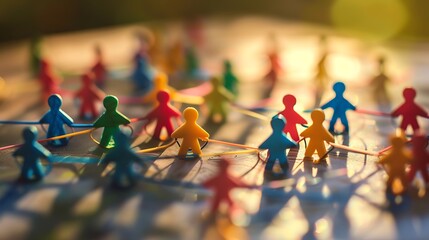 Colorful figurines connected by string, representing a network of people.