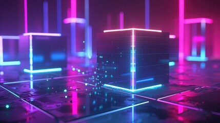 Geometric 3D shapes with neon edges and light accents, creating a high-tech visual effect.