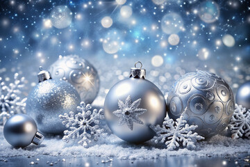 Sparkling silver snowflakes and glittering baubles adorn a chic and elegant Christmas background, evoking a sense of luxury and sophistication in a winter wonderland setting.