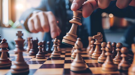 A person's hand moves a chess piece, showing strategic thinking and gameplay.