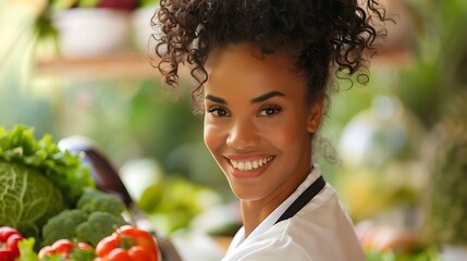 Obraz premium A young woman with curly hair smiles brightly, looking directly at the camera. She is standing in front of fresh produce, showcasing a healthy and vibrant lifestyle.