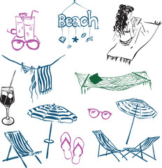 Vector linear doodle illustrations. Hand painted beach accessories-umbrella, chaise, hammock, sunglasses and wineglass isolated on white background. For design, print, interior or background.
