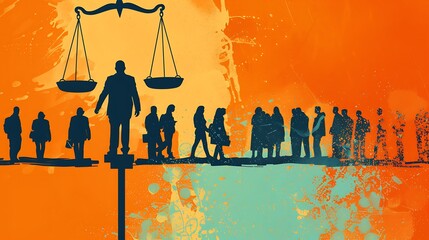 Abstract illustration of a man standing on a scale of justice, above a line of people.