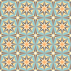 Geometric seamless pattern of oriental square tiles. Traditional orange and blue decorative ornate azulejos. Abstract vintage background. Vector illustration.