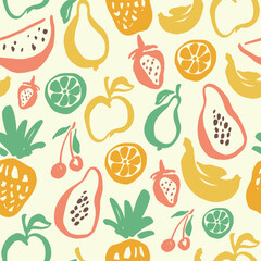 Vector doodle seamless pattern of lemon, watermelon, pear, pineapple and cherry. Hand-painted ripe fruits isolated on white background. Tasty food illustration for design, print, fabric or background.