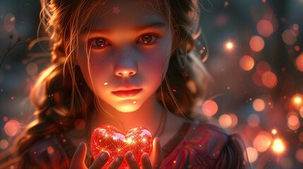 Girl holding heart with hand.