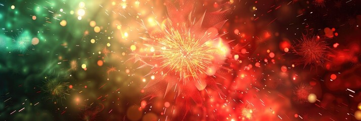 Fototapeta premium Red and green abstract background with festive firework bursts