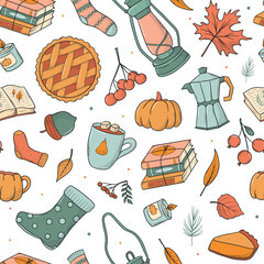 Autumn cozy seamless pattern with cute doodles for prints, textile, wallpaper, digital backgrounds, scrapbooking, planners, covers, etc. EPS 10