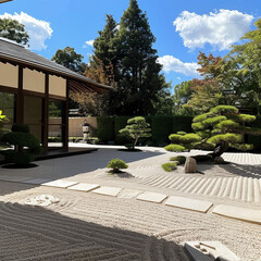 Obraz premium A tranquil Japanese garden with meticulously raked gravel and bonsai trees